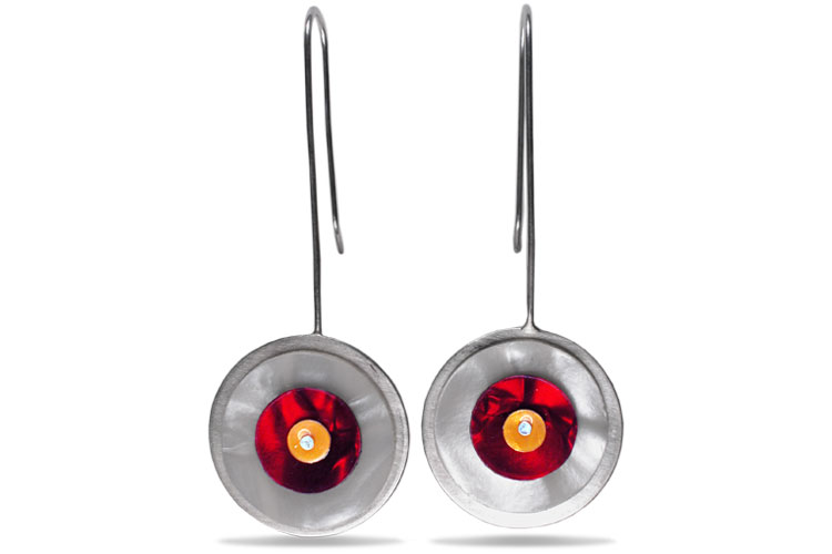 silver & red circle earrings